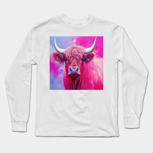 Pink Highland Cow Abstract Painting Long Sleeve T-Shirt